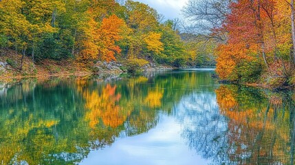 A calm river reflecting the vibrant colors of autumn leaves