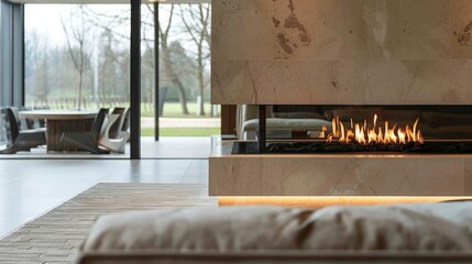 The fireplaces minimalist design and neutral color palette blend seamlessly with the surrounding decor making it a focal point without overwhelming the space. 2d flat cartoon.