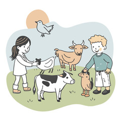 Two children interact with farm animals, including a cow, a chicken, a bird, and a calf