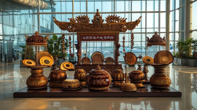 Traditional Southeast Asian Musical Instruments on Display in a Modern Airport