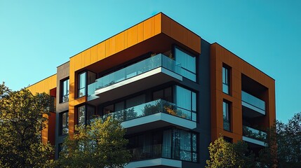 Obraz premium A modern apartment building with a brown and white facade stands out against a clear blue sky