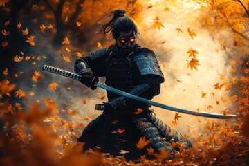samurai warrior with katana surrounded by autumn leaves in golden sunlight dramatic low angle shot
