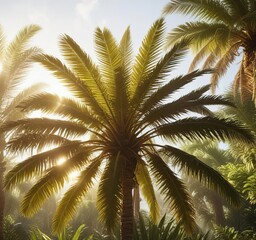 A beam of sunshine illuminates a palm tree's fronds, casting a warm glow on the surrounding foliage, vegetation, sunlight beam