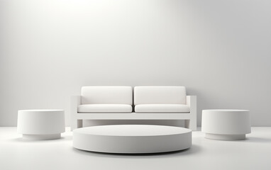 3D rendering of a blank, empty stand with a white background for an event or exhibition.A simple stage design with a furniture set. Background podium scene.