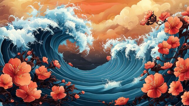 Vibrant Digital Art Waves and Tropical Flowers Celebration Diversity Culture Representation AAPI Heritage Month