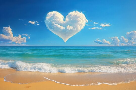 serene beach scene heart shaped cloud turquoise water golden sand summer paradise