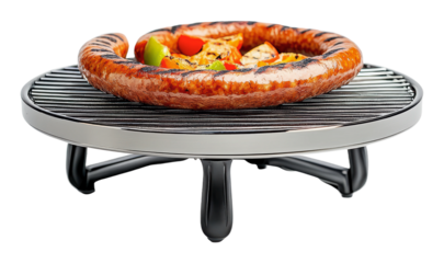 Grilled sausage and vegetables on a round grill, cut out - stock png.