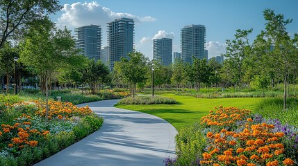 Obraz premium A park with green grass, flowers, and streetlights beside a curved road in front of tall buildings