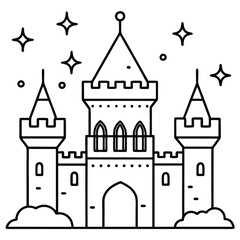Fototapeta premium A black and white illustration of a magical castle with tall towers, surrounded by clouds and sparkling stars