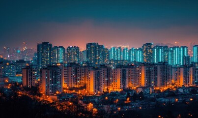 Obraz premium A vibrant city skyline illuminated at night with glowing buildings.