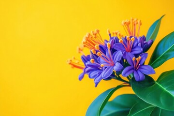 Naklejka premium Vibrant purple flowers against a bright yellow background.