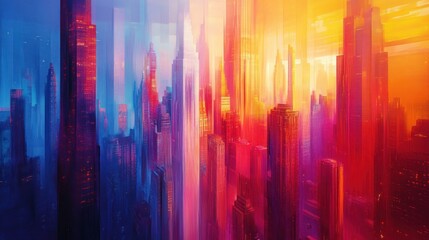 A cityscape drenched in vivid, contrasting colors with smooth transitions