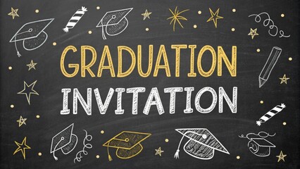 Graduation invitation written on a blackboard with drawings of mortarboards, stars, and confetti, creating a festive announcement for a graduation ceremony