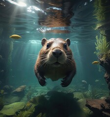 A beaver diving underwater to gather food or escape predators , aquatic, survival