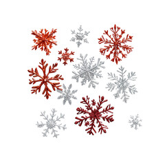 Red and Silver Glitter Snowflakes on White Background - Festive Christmas Decoration