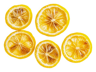 Obraz premium Dried lemon slices arranged on a white background, cut out - stock png.