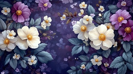 A purple background decorated with intricate white flower ornaments, adding elegance to the design
