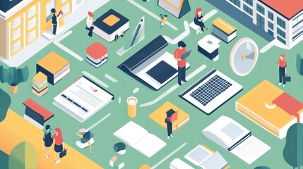 Fototapeta premium Isometric illustration of students studying, reading books, using laptops and other learning materials outdoors.