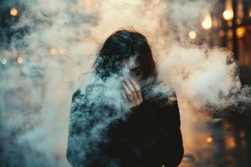 Fototapeta premium Young Woman Covers Nose Against Tobacco Smoke Health Risks Outdoors Pollution Awareness