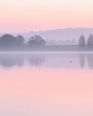 Fototapeta premium A serene misty landscape reflecting soft pastel colors at dawn.