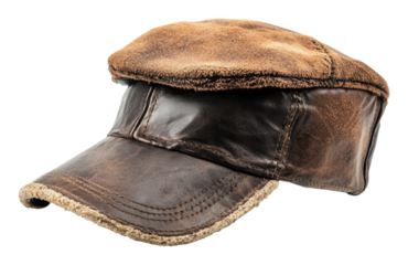 Stylish brown leather cap for trendy outfits, cut out - stock png.