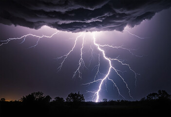 Spectacular Lightning Flashes Illuminate the Dramatic Cloudy Dark Night Sky.