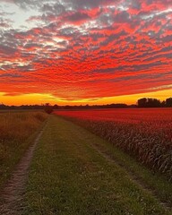Obraz premium A vibrant sunset over a rural path and fields.