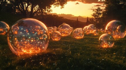 A field of floating bubbles, each one containing a different world