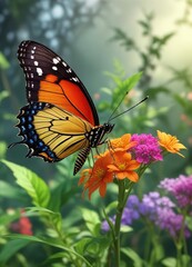 Naklejka premium A butterfly perched on a colorful flower stem with green leaves and stems in the background, insect, butterflies, flowers