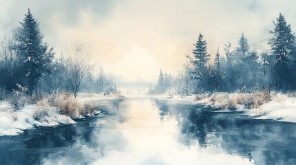 Fototapeta premium A serene winter landscape painted in watercolors, with blue and grey tones for a calming effect