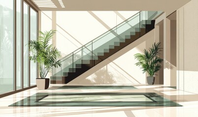 Modern Glass Staircase Interior Design: Elegant Home with Plants, Sunlight, and Glass Floor Accents