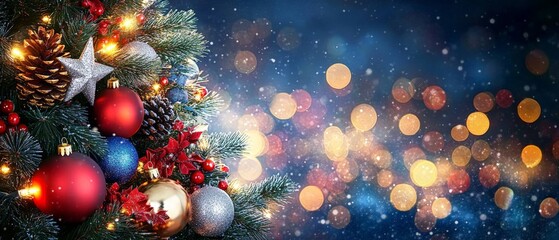 Festive Christmas Tree with Ornaments and Glowing Bokeh Lights
