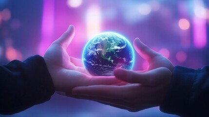 Two hands gently cradle a glowing Earth against a vibrant, blurred background.