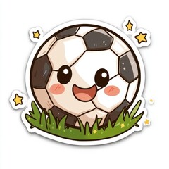 A cheerful cartoon soccer ball with a smiling face and grass.