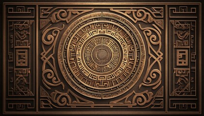 Naklejka premium Intricate Circular Bronze Relief Design: Geometric Patterns, Ancient Symbols, and Decorative Elements Showcase Exquisite Craftsmanship.