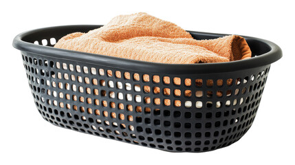 Orange towels in a black basket, cut out - stock png.