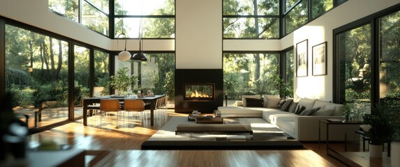 Sunlit modern living room with fireplace, dining area, and large windows overlooking lush greenery.