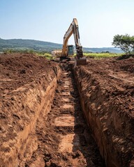 Excavation site with a digger and a deep trench in the ground.