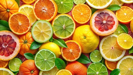 Fototapeta premium Seamless Citrus Pattern, Bright Fruit Background, Juicy Orange Lemon Lime Grapefruit Design, Summer Wallpaper, Food Texture