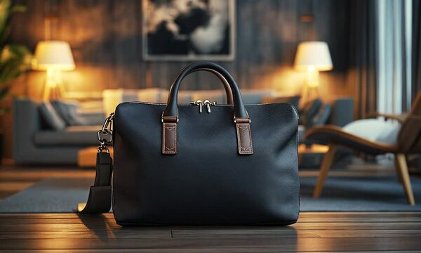 A stylish leather bag placed on a wooden table in a cozy, well-lit living space.