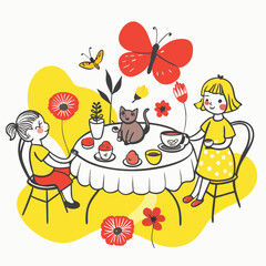Fototapeta premium Two young girls have a tea party in a garden filled with flowers and a butterfly. A cat joins them at the table