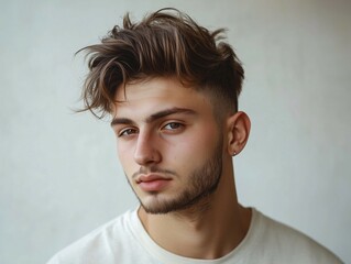 Obraz premium Realistic portrait of a modern man with a trendy haircut, featuring a fade on the sides and longer, textured hair on top styled in a messy, natural look