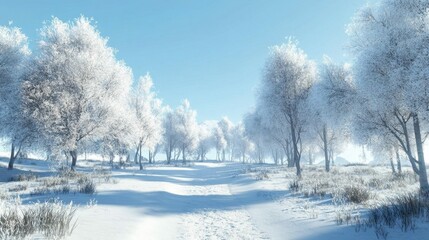 Obraz premium A serene winter landscape with snow-covered trees and a clear blue sky.