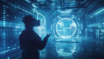 A person using virtual reality in a futuristic digital environment.