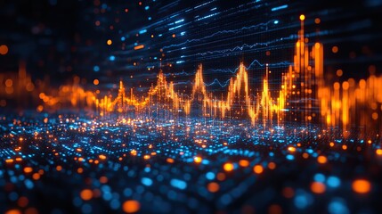 Fototapeta premium A stock market graph with blue and orange lines displays a pattern of movements on an abstract digital background, visualizing market trends and data analysis