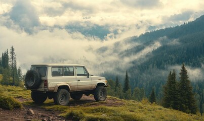 Fototapeta premium A rugged vehicle overlooks a misty mountain landscape.