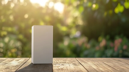 milk carton box mockup stands on a wood table with a blurred nature background, ideal for milk product advertisement