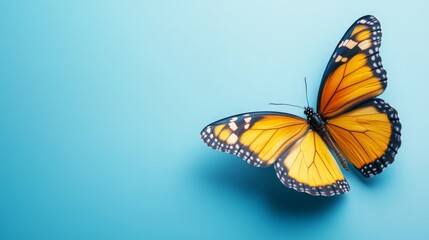 Fototapeta premium Vibrant Butterfly on Soft Blue Background in Minimalist Scene