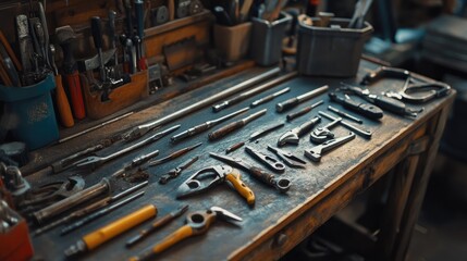 Fototapeta premium Assorted hand tools on a worn workbench.