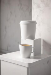 a cup of coffee in a pristine white container on a minimalist surface , elegant, simple, empty